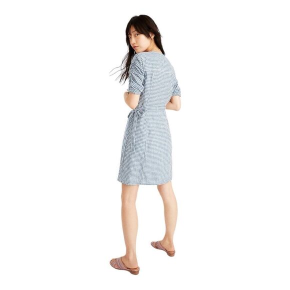 Madewell Gingham Shirred -Sleeve Wrap Dress in Blue & White - Picture 9 of 9